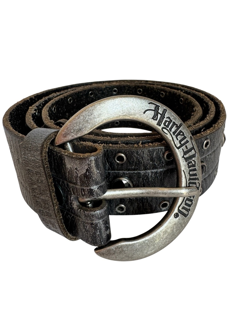 Y2K 2007 Harley Davidson Leather Belt Sz M Grey Studded Biker Motorcycle Logo